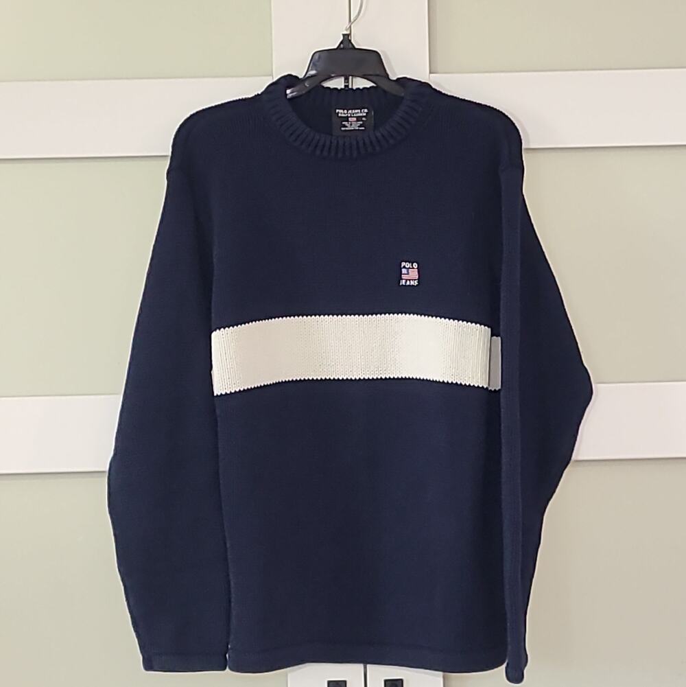 VTG Polo Jeans Ralph Lauren Sweater Womens XL Blue Colorblock Flag Knit Cotton